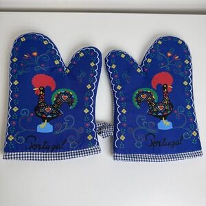 Portugal Oven Mitts Blue Rooster of Barcelos Gingham Quilted Set 2pc
